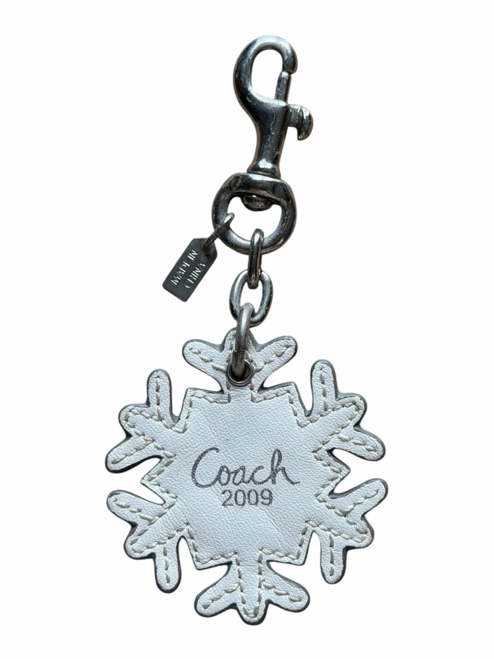 Coach 2009 Snowflake Crystal Leather Bag Charm Keychain Silver White Y2K